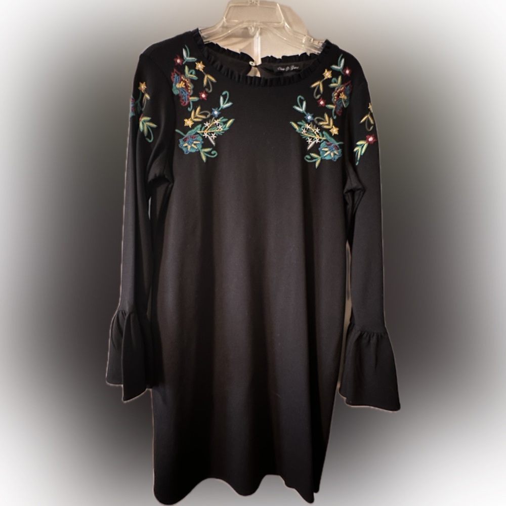 Black Embroidered Long Sleeve Dress with Bell Cuffs